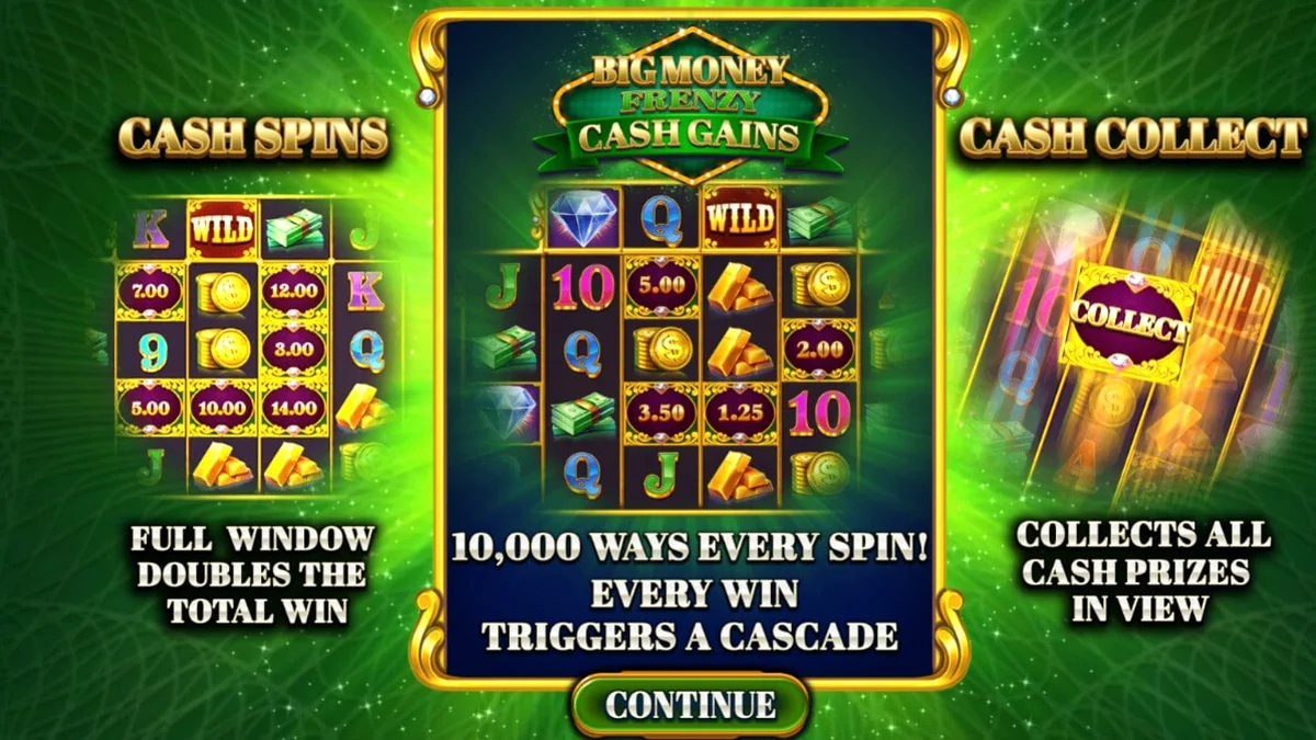 Tampilan visual slot Big Money Frenzy Cash Gains dengan nuansa emas dan uang
