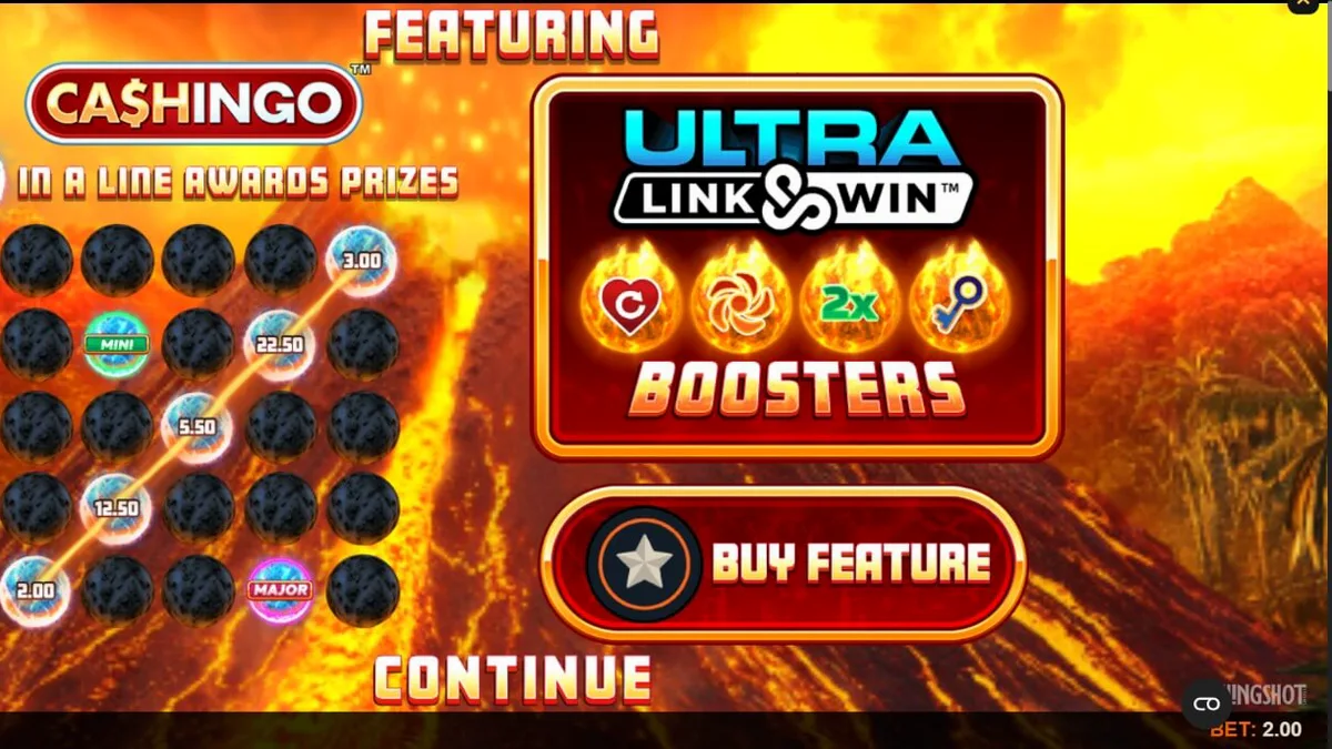 Tampilan visual slot Eruption Blaze Cashingo dengan tema gunung berapi dan fitur bingo