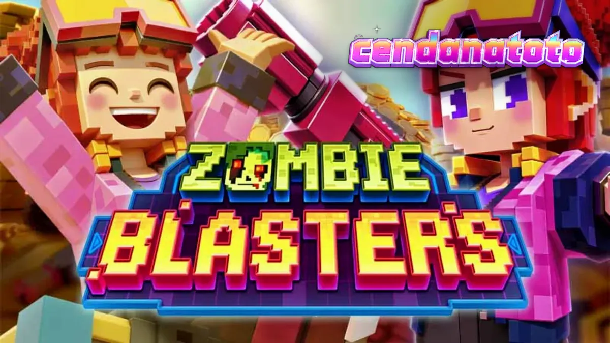 Tampilan layar permainan slot Zombie Blasters dengan elemen arcade dan simbol zombie.